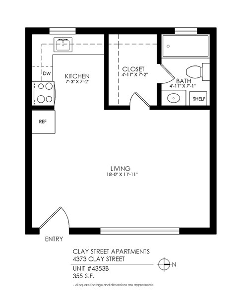 A floor plan of a one bedroom apartment at Clay Street.